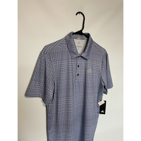 Adidas Golf Polo Shirt Mens Small Blue Plaid Performance Stretch Casual Logo NEW - Picture 2 of 11